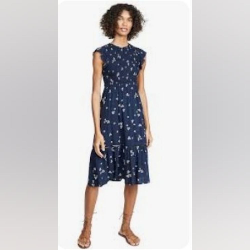 Lost + Wander Navy 'Pick Me' Floral Smocked Midi Dress - Size L
